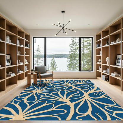 Navy Beige Abstract Floral Swirls Rug