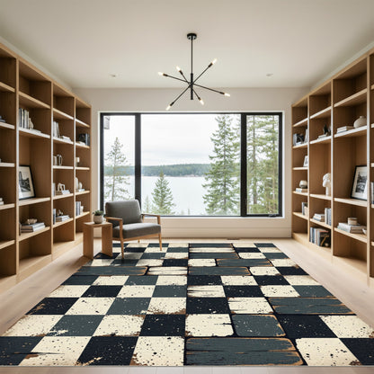 Distressed Monochrome Checkered Plank Floor Rug