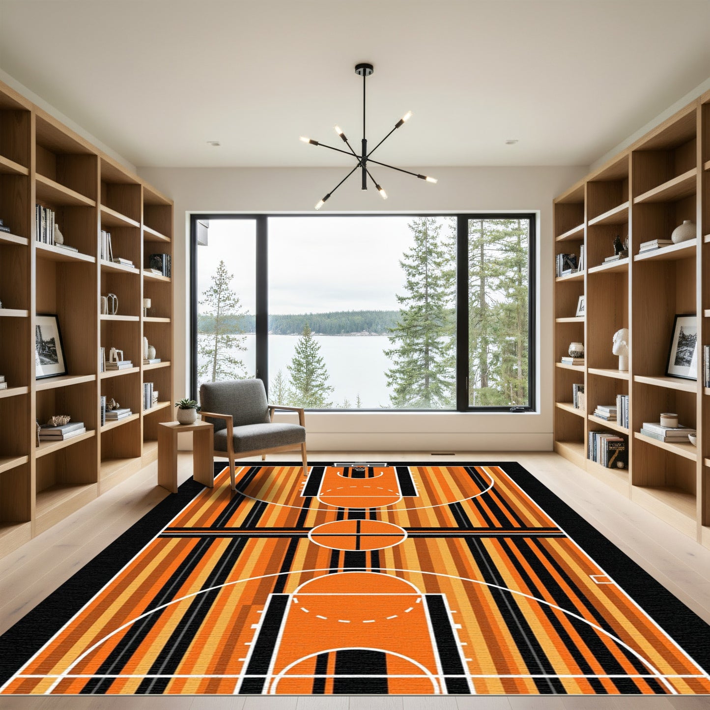 Modern Basketball Court Orange Black Striped Area Rug