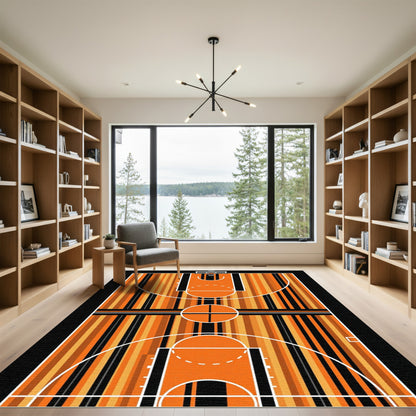 Modern Basketball Court Orange Black Striped Area Rug