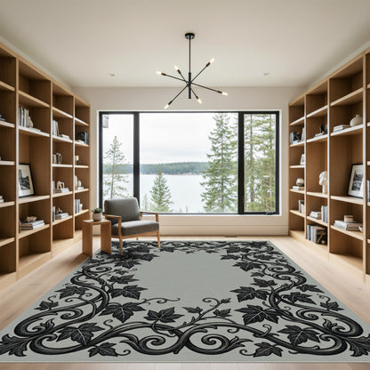 Ornate Black Leaf Scroll Frame Rug