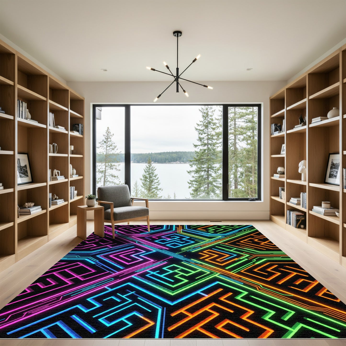 Neon Geometric Cyber Circuit Maze Rug