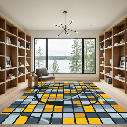 Abstract Golden Yellow Gray Grid Rug