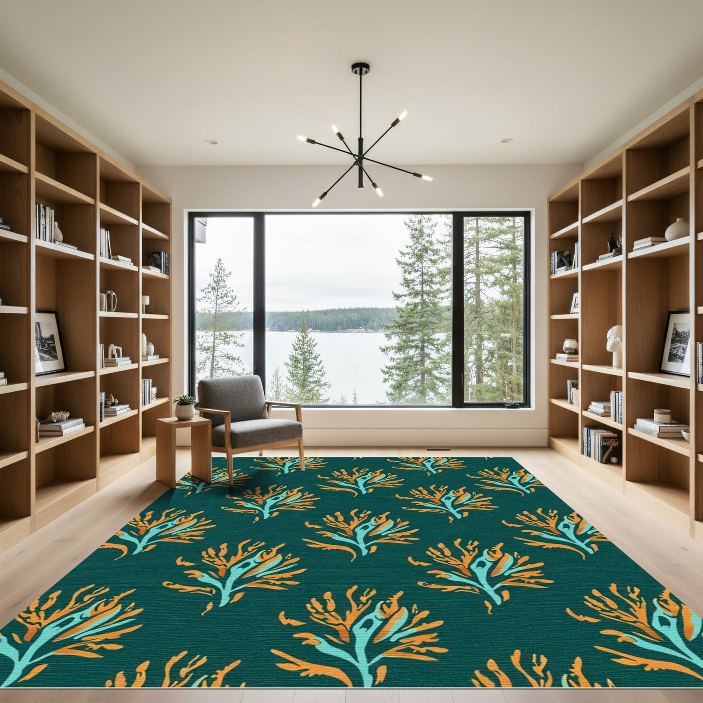 Teal Orange Coral Branch Pattern Rug