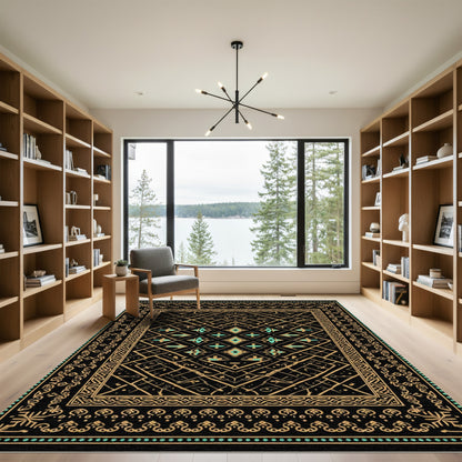 Gold Black Teal Geometric Diamond Border Rug