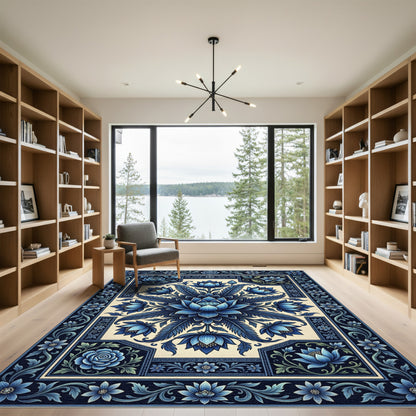 Deep Blue Floral Lotus Garden Rug