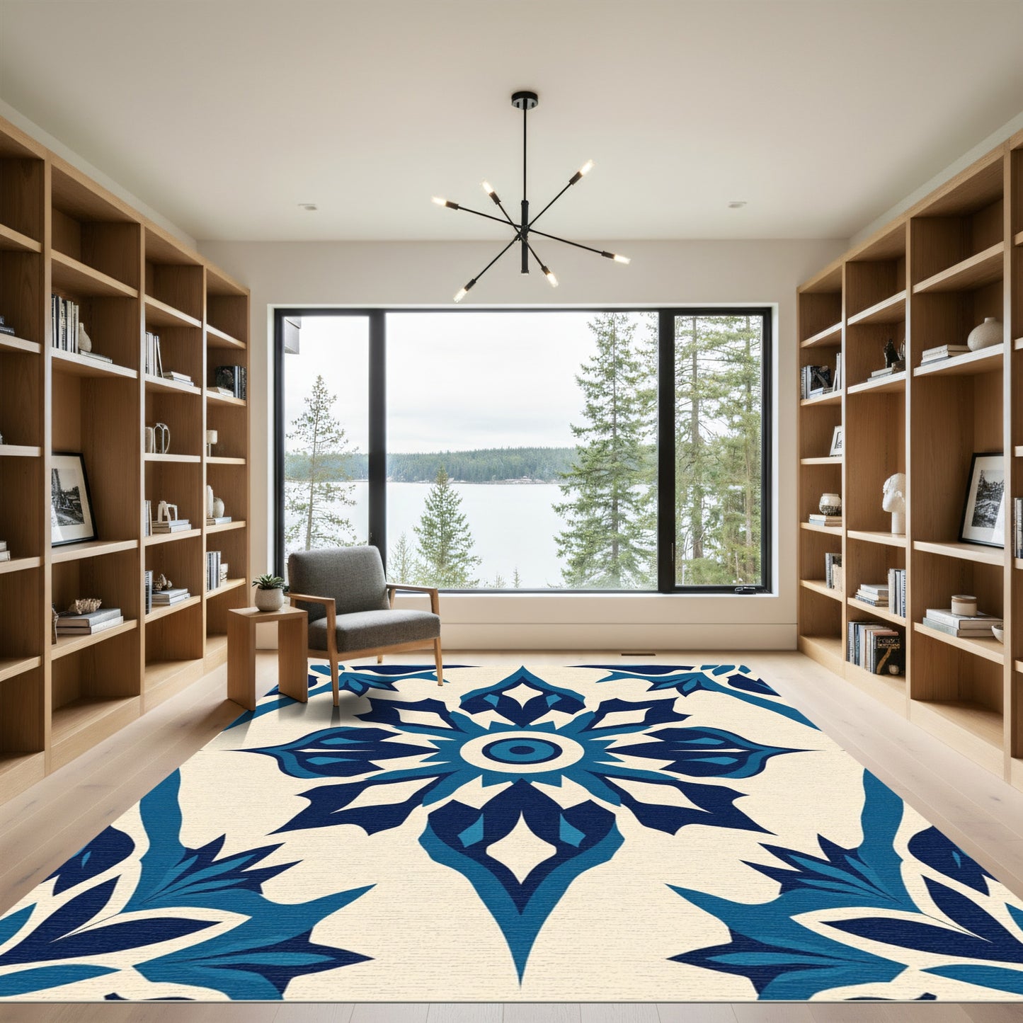 Deep Blue Floral Medallion Cream Rug