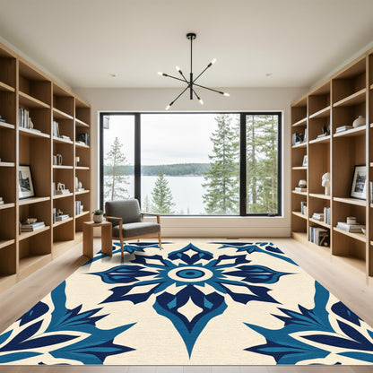 Deep Blue Floral Medallion Cream Rug