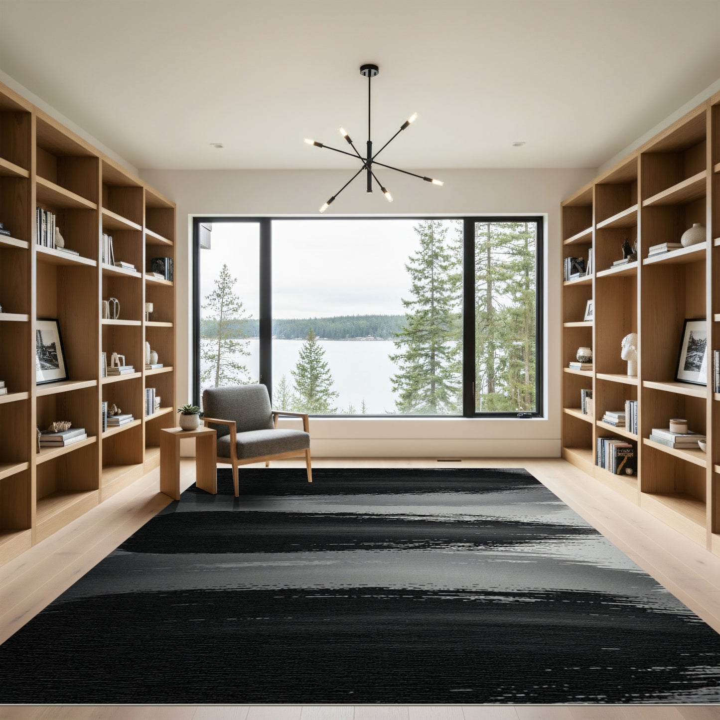 Modern Minimalist Black Brush Stroke Rug