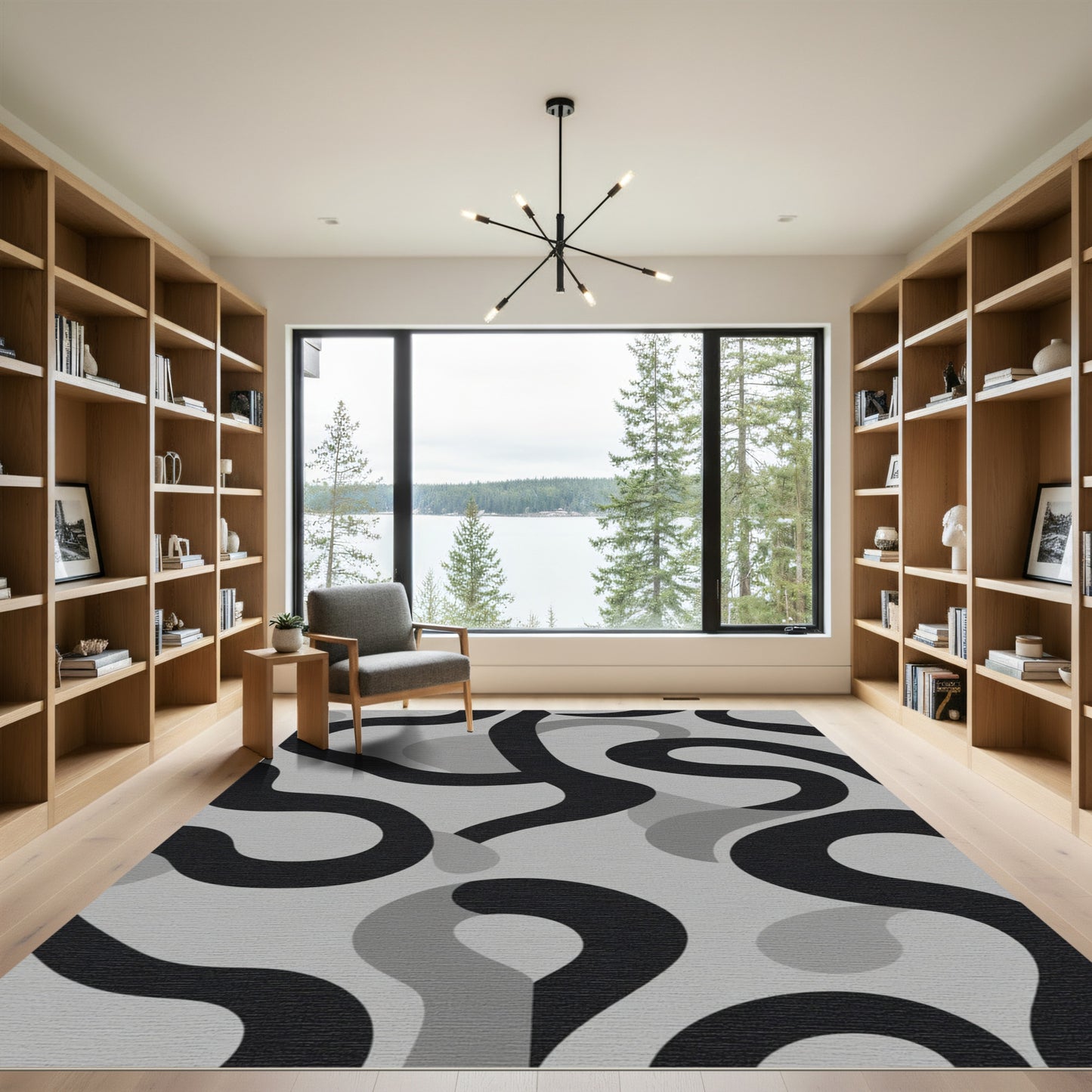 Bold Black Gray Abstract Swirl Rug