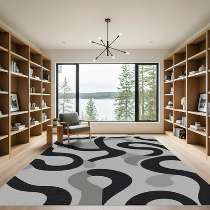 Bold Black Gray Abstract Swirl Rug
