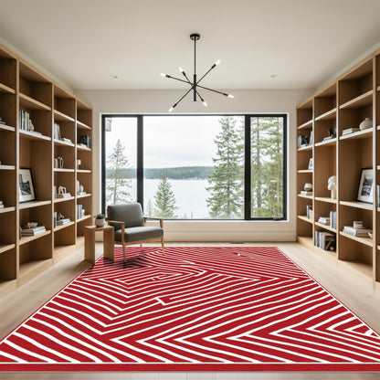Crimson White Wavy Geometric Abstraction Rug