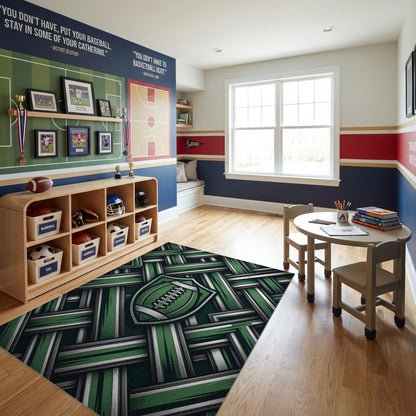 Green Silver Woven Football Shield Rug
