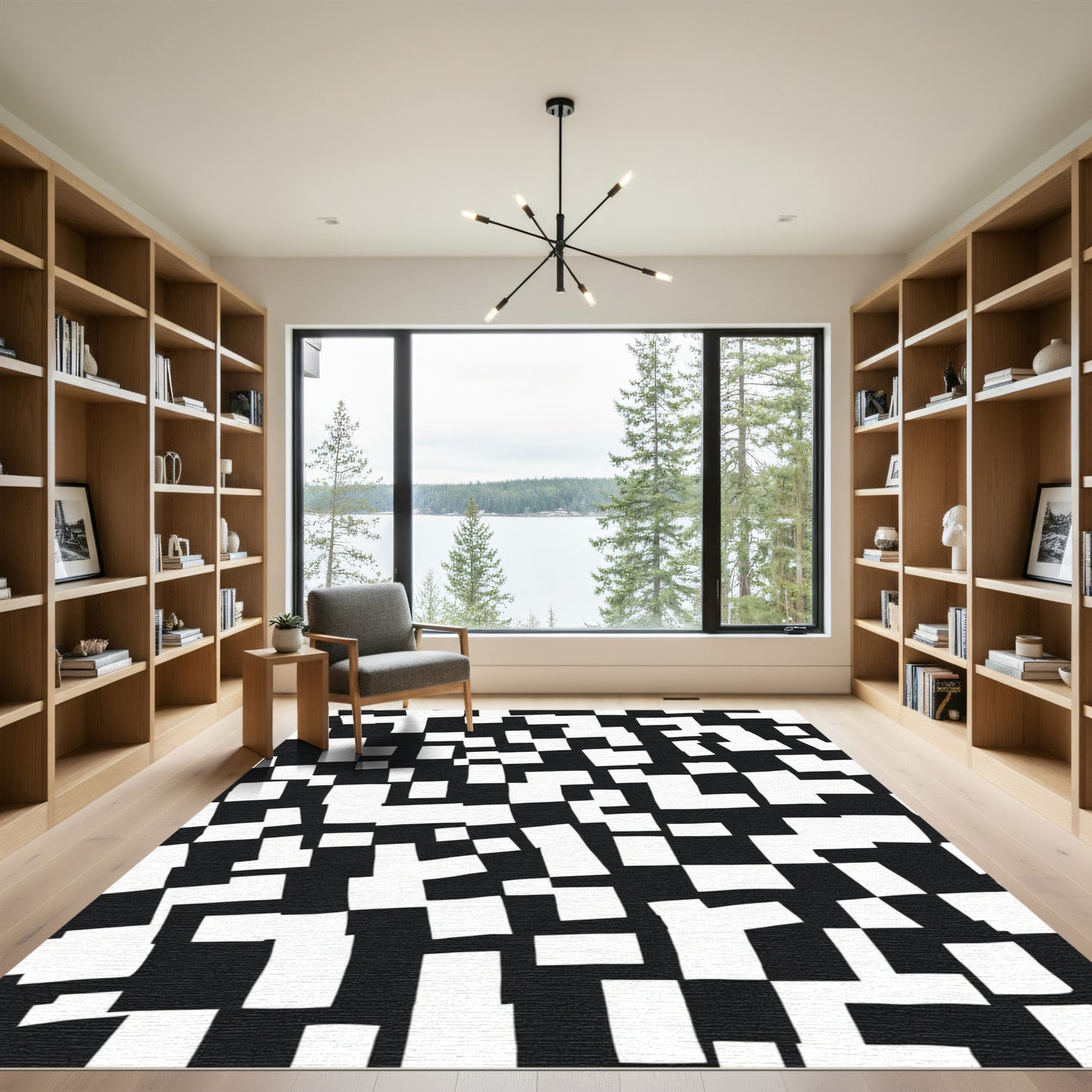 Black White Scattered Square Arrangement Rug