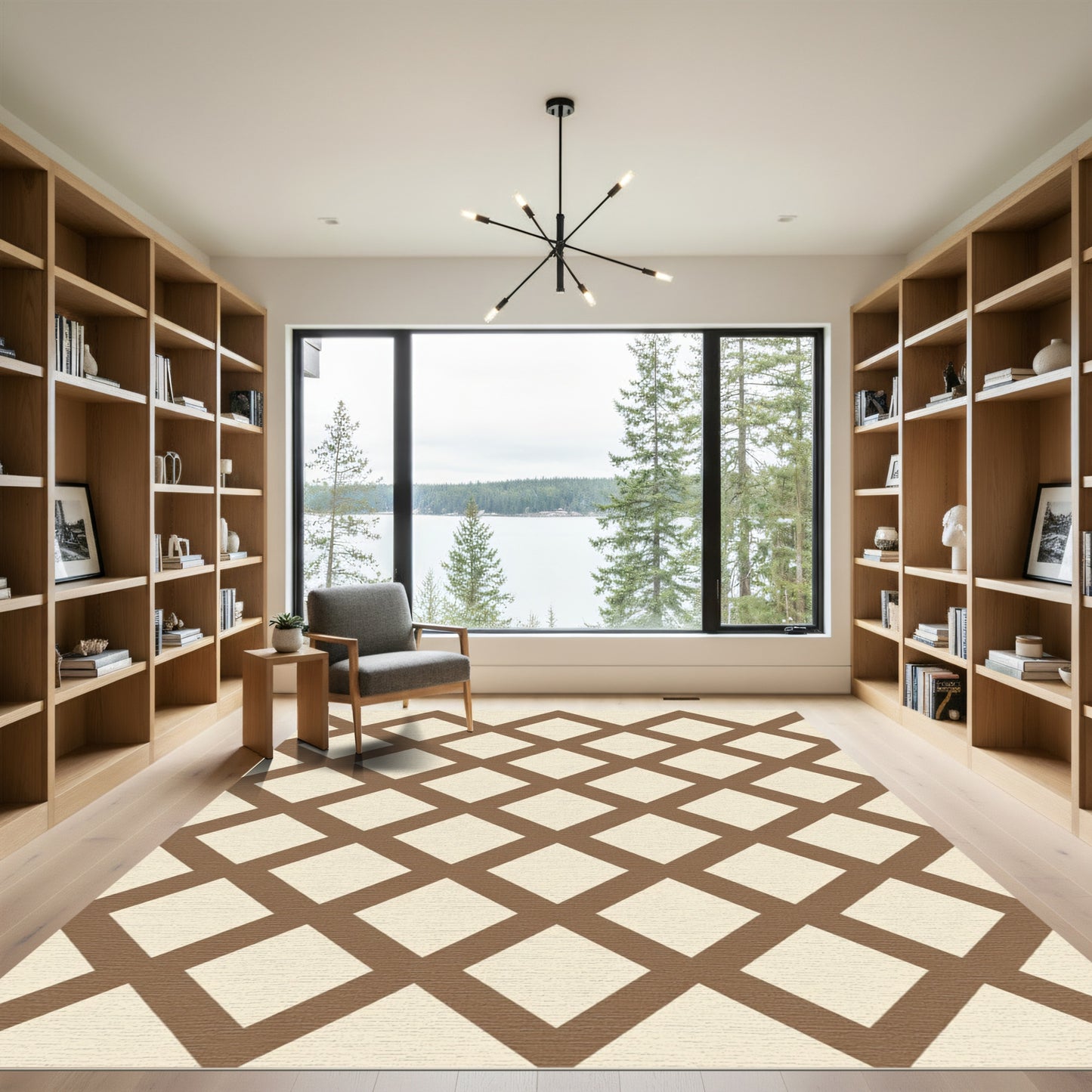 Brown Tan Geometric Diamond Lattice Rug