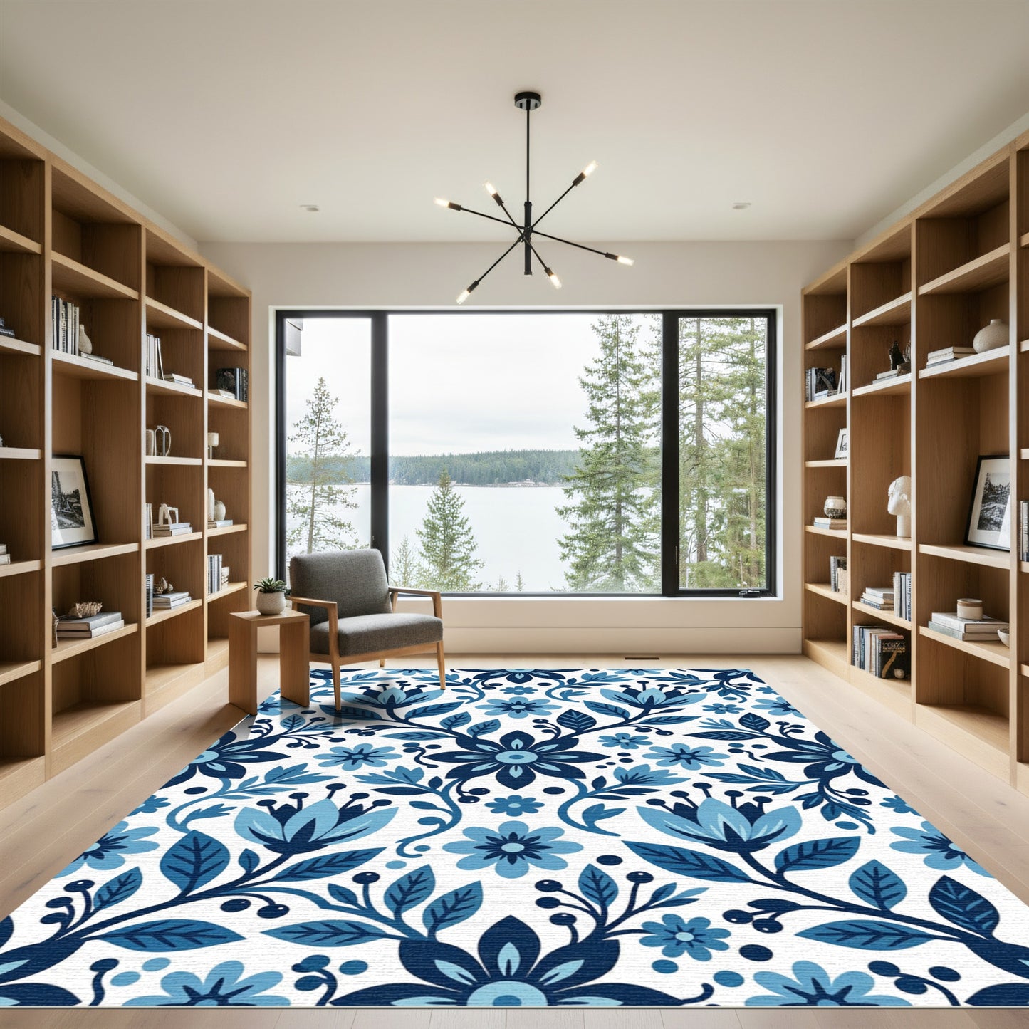 Elegant Navy and Azure Floral Tile Rug