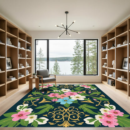 Pink White Blue Floral Gold Scroll Rug