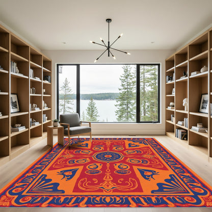 Bold Red Blue Ornamental Frieze Rug