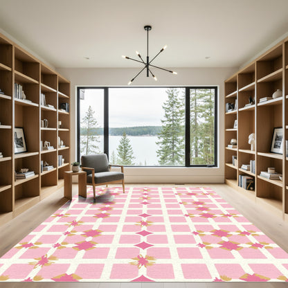 Pink Golden Starburst Grid Rug