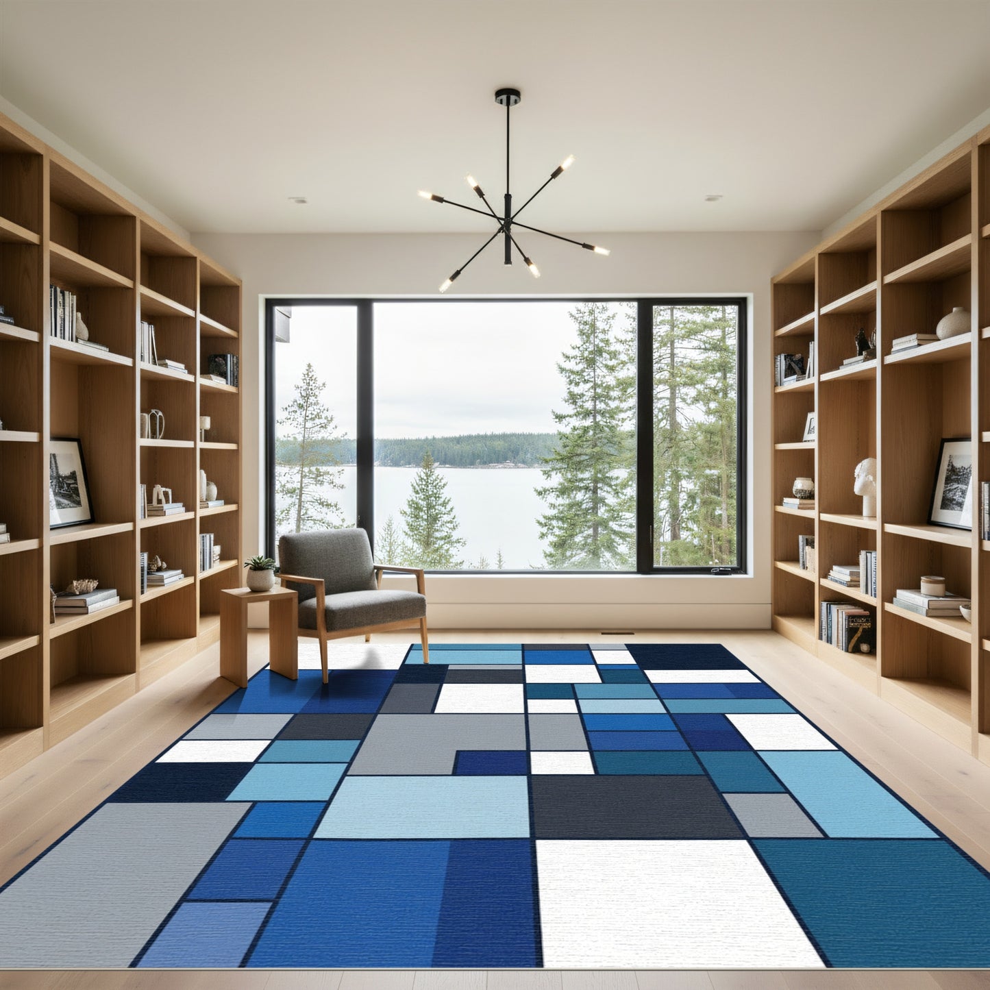 Modern Blue Gray Geometric Square Rug