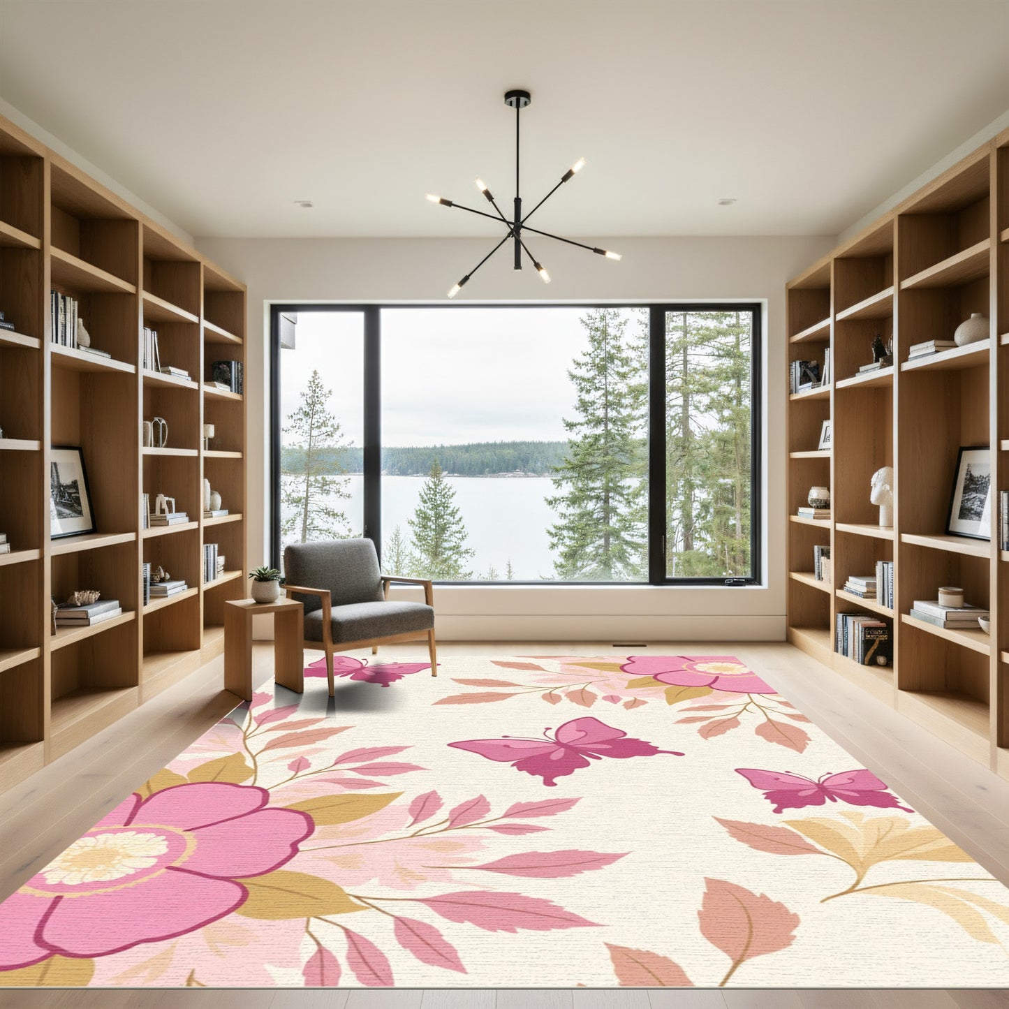 Pink Butterfly Floral Cream Rug