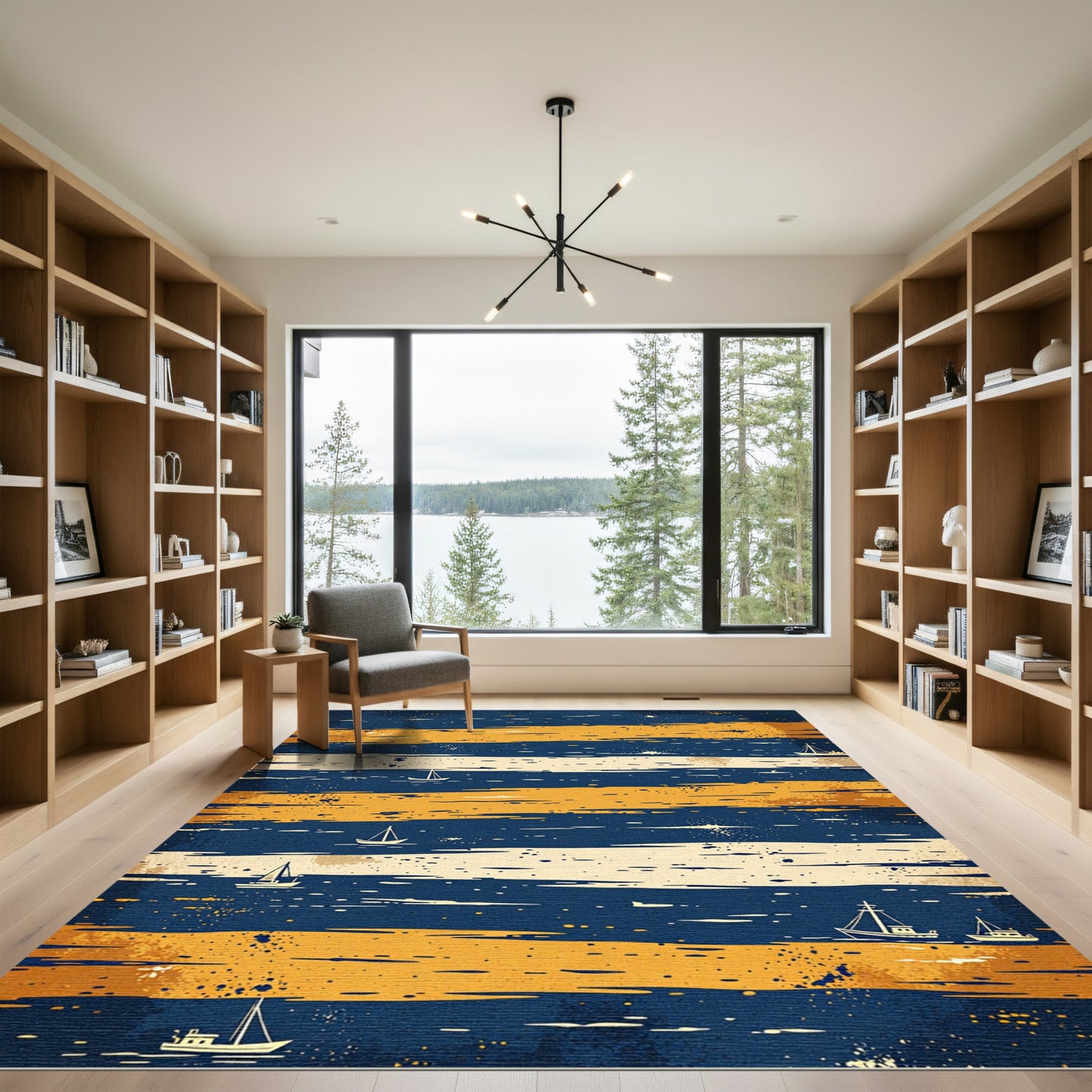 Navy and Amber Abstract Nautical Horizon Rug