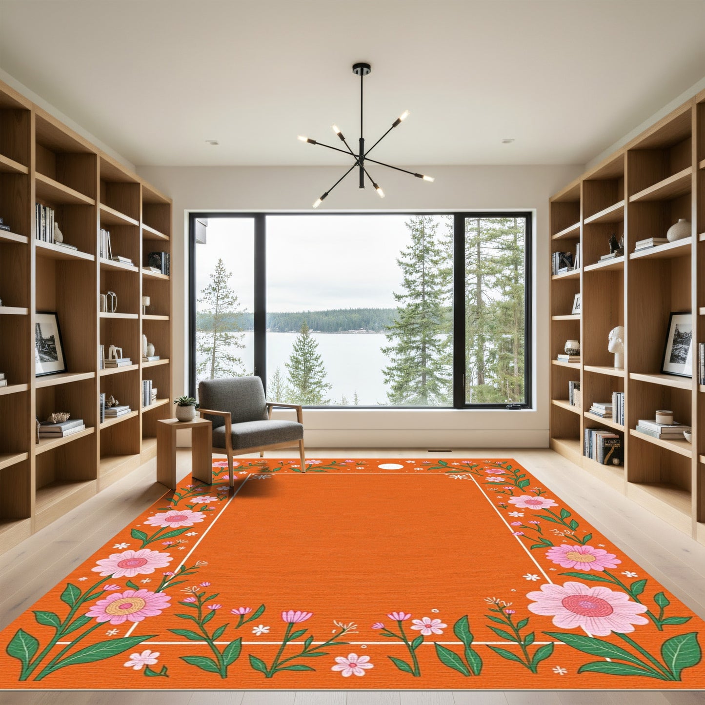 Orange Pink Floral Border Garden Rug