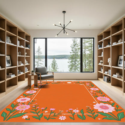 Orange Pink Floral Border Garden Rug