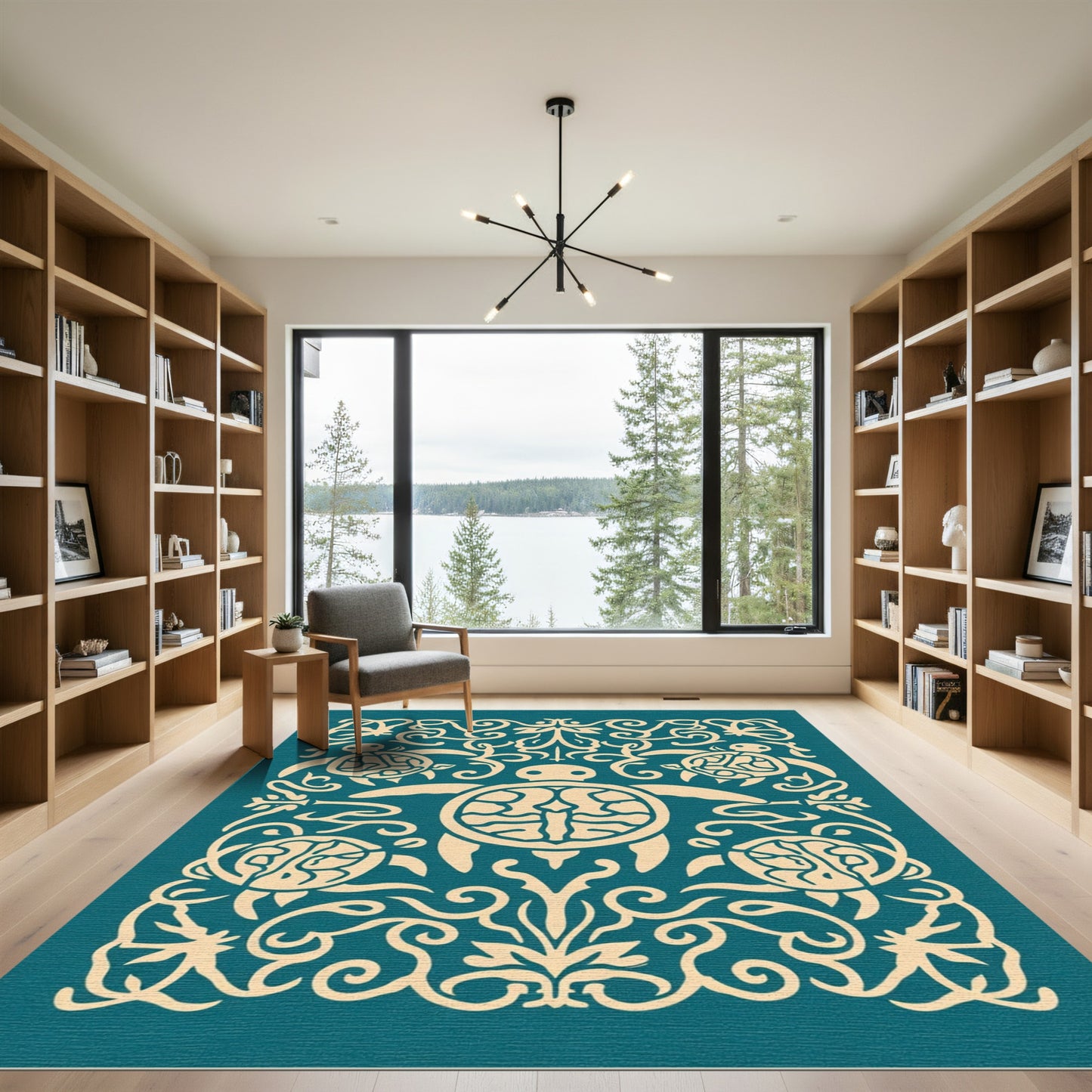 Cream Turtle Flourish Teal Accents Rug
