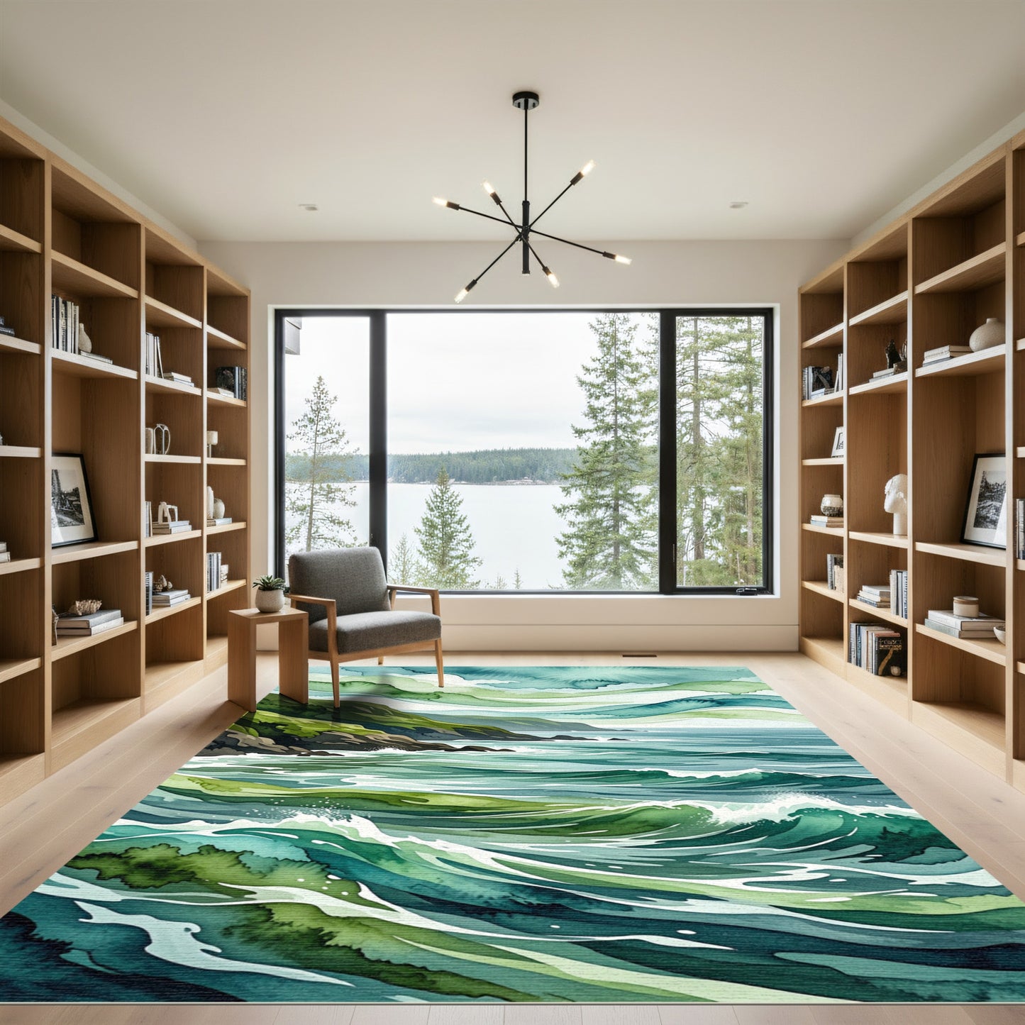 Coastal Teal Green Watercolor Wave Art Rug