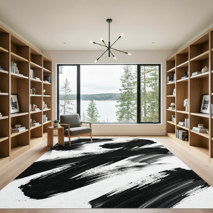 Bold Black Brushstroke Abstract Rug