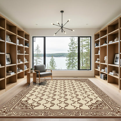 Brown Cream Geometric Vine Border Rug