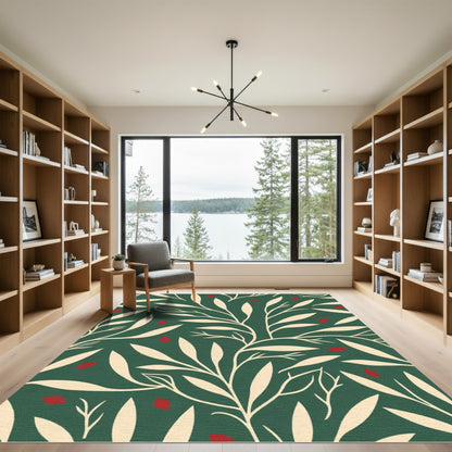 Green Ivory Red Botanical Vine Rug