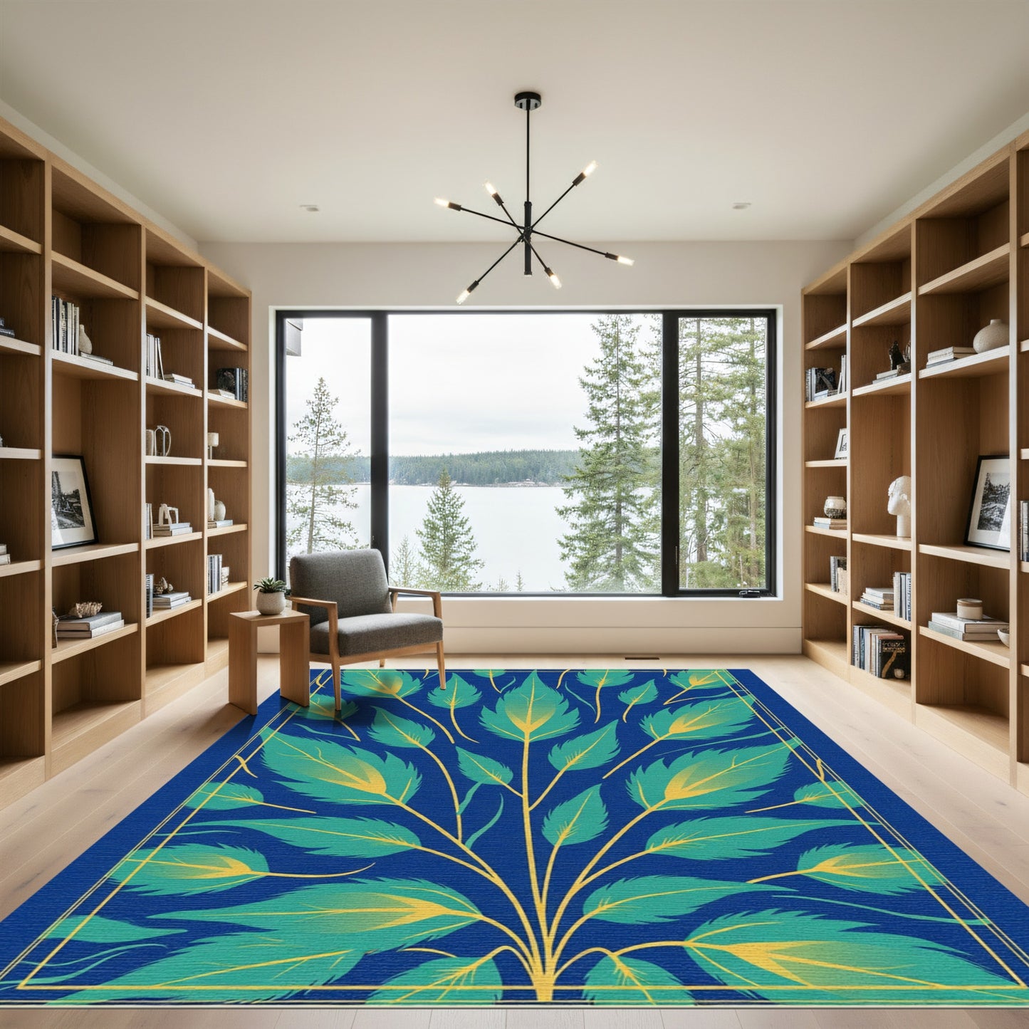 Navy Teal Yellow Leaf Branch Rug