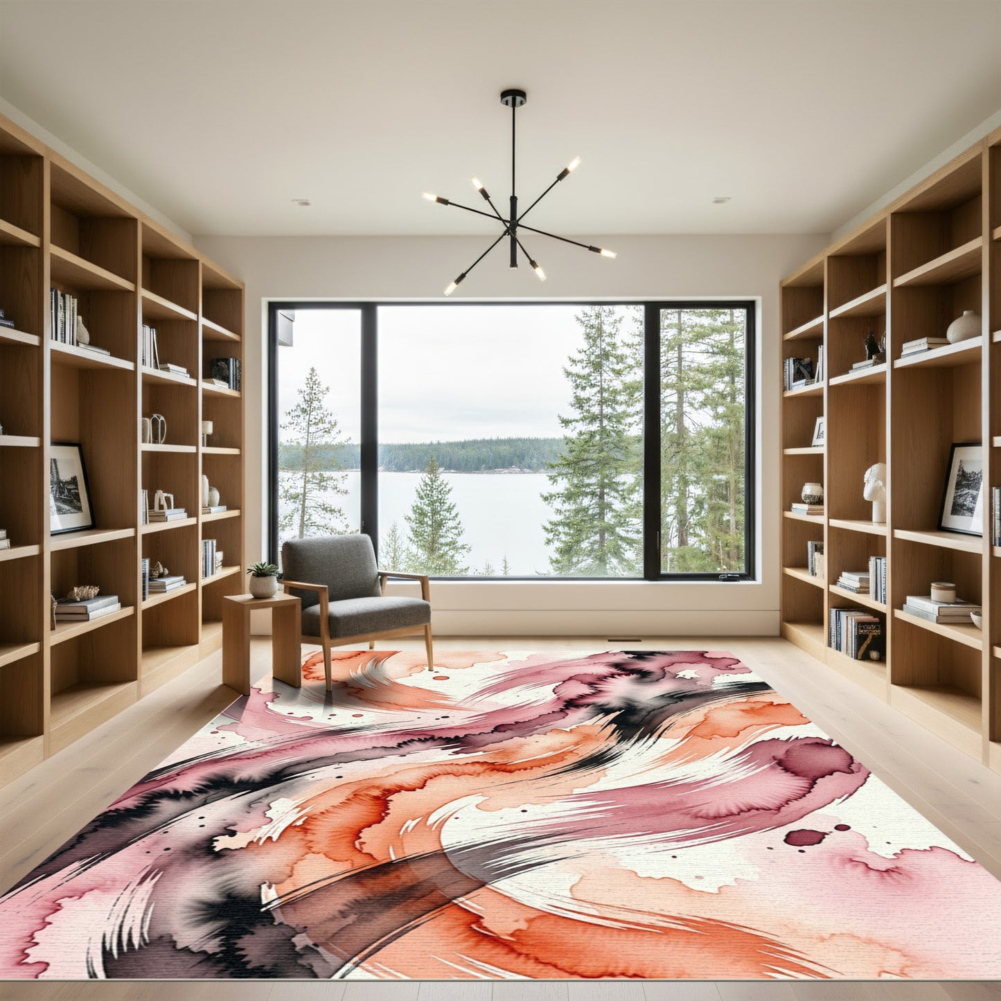 Abstract Crimson Peach Swirl Watercolor Rug