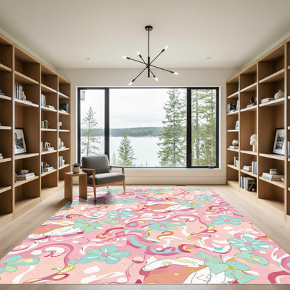 Retro Pink Aqua Floral Swirl Rug