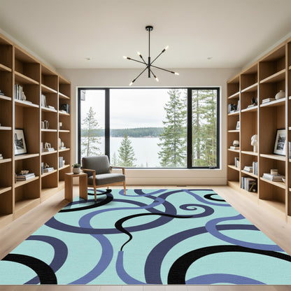 Aqua Blue Swirling Ribbon Composition Rug
