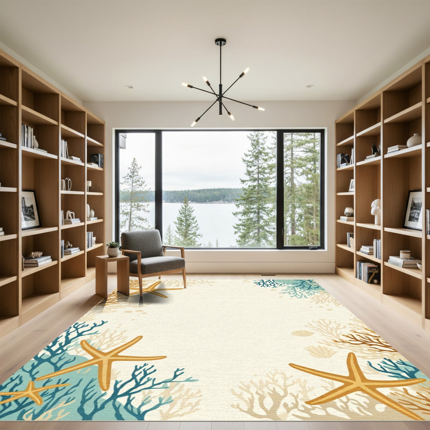 Golden Starfish Blue Coral Scatter Rug