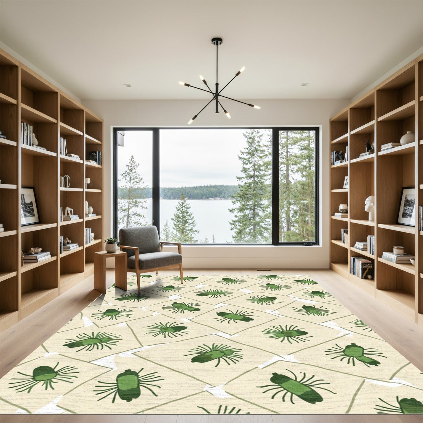 Green Spiky Forms Scattered Layout Rug