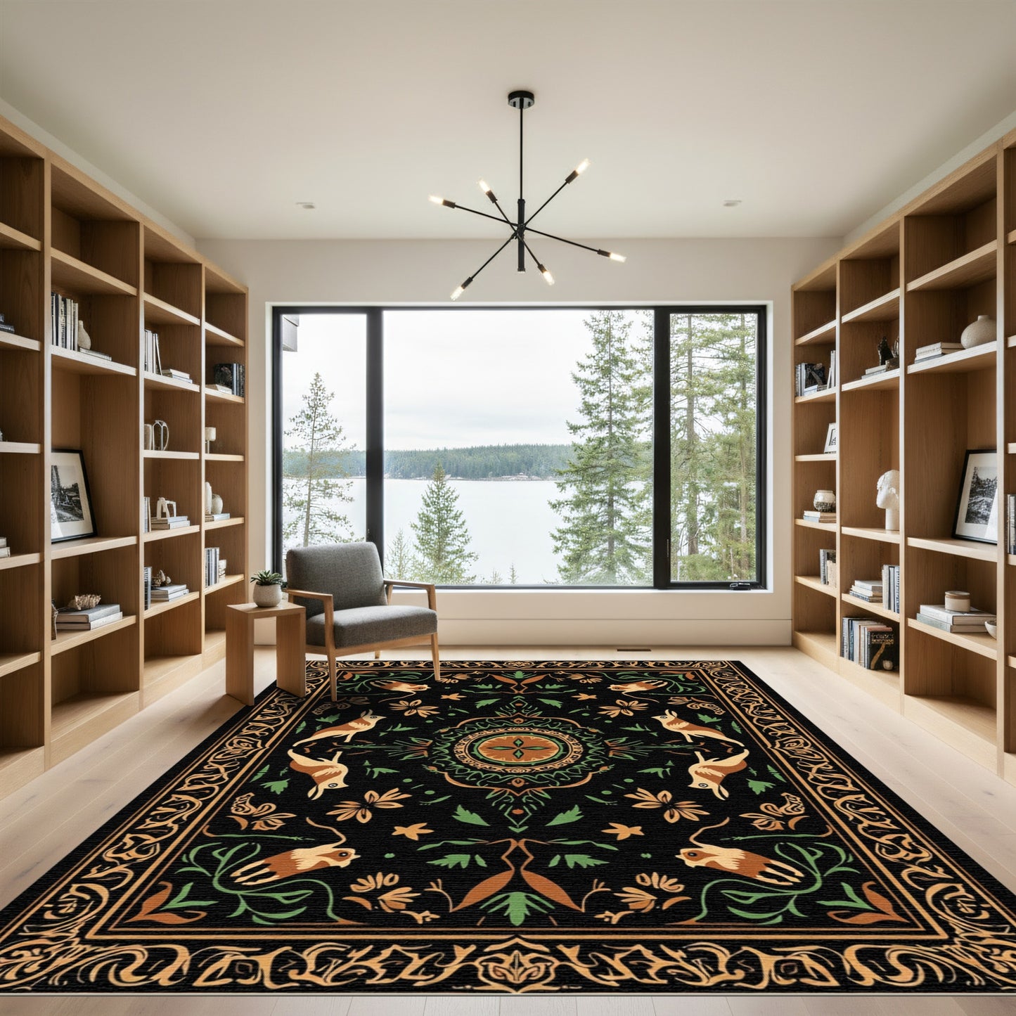 Ornate Brown Green Bird Floral Medallion Rug