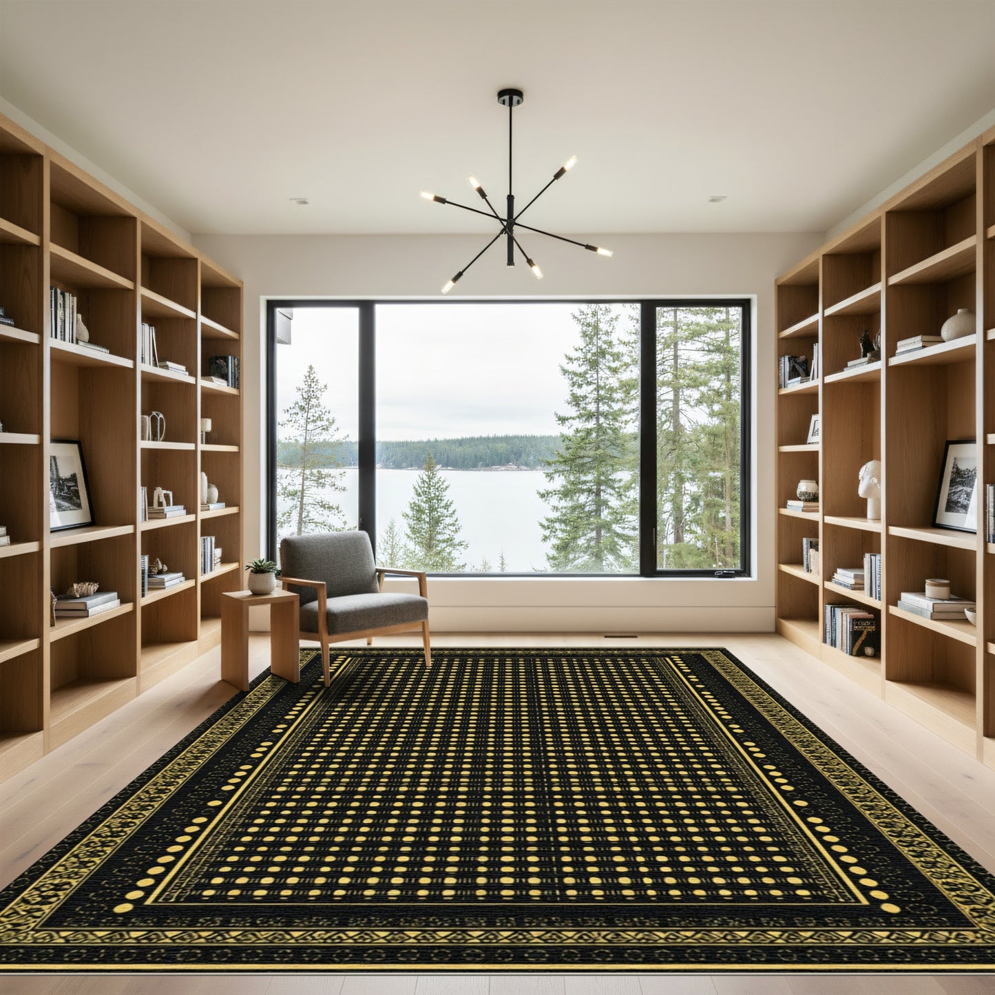 Black Gold Geometric Dot Border Rug
