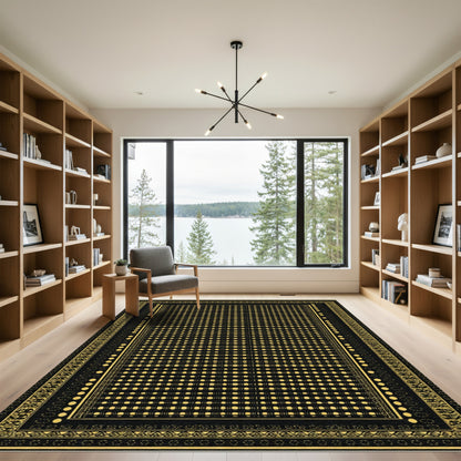 Black Gold Geometric Dot Border Rug