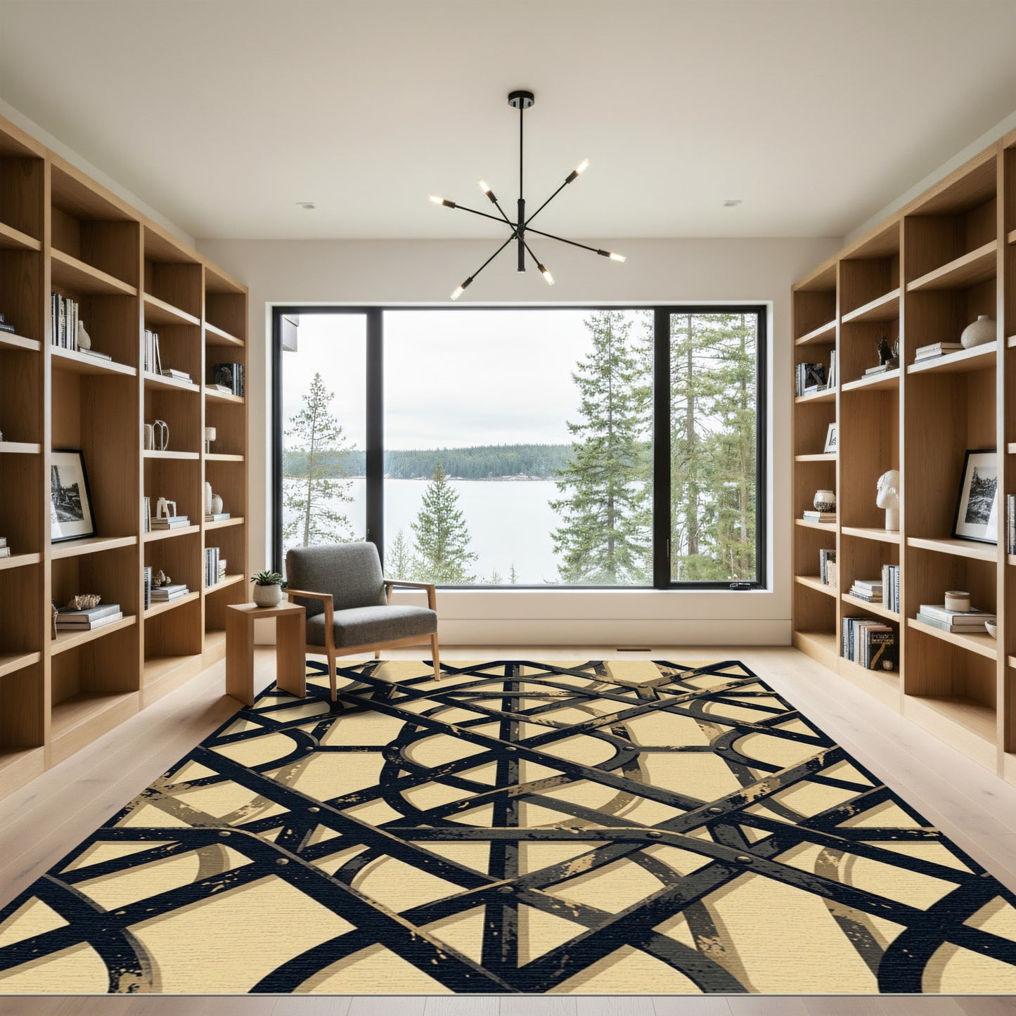 Industrial Black Geometric Intersecting Lattice Rug