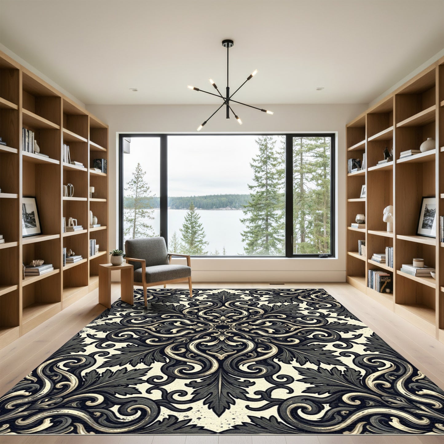 Ornate Black Ivory Acanthus Scroll Rug