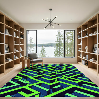 Neon Green Modern Isometric Maze Rug