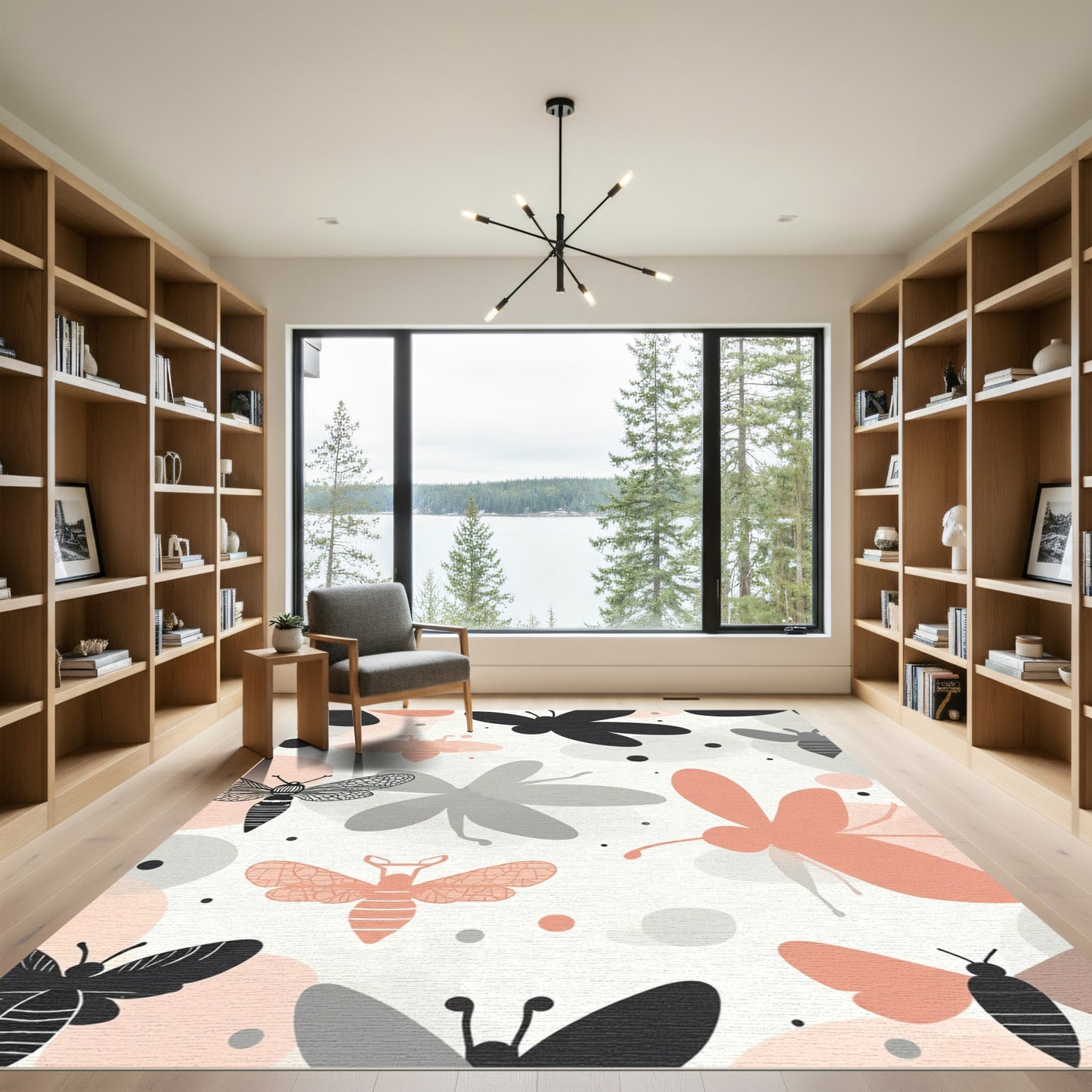 Coral Black Gray Insect Collage Rug