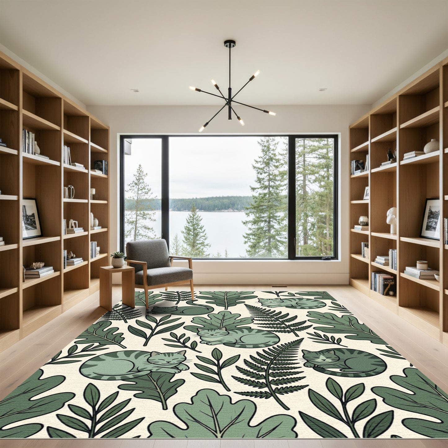 Whimsical Mint Green Cat Foliage Rug