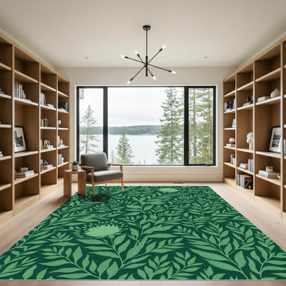 Deep Green Leafy Woodland Floral Rug