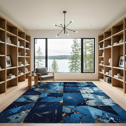 Distressed Blue Geometric Splatter Composition Rug