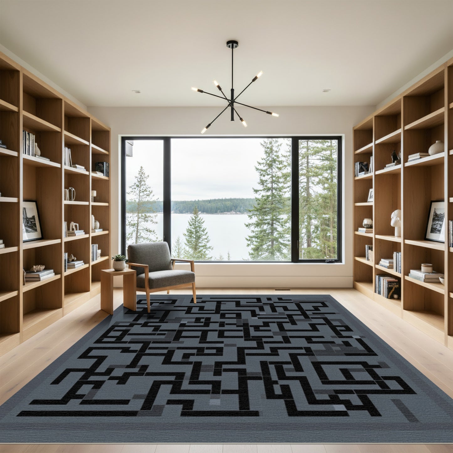 Monochromatic Labyrinth Maze Lines Rug